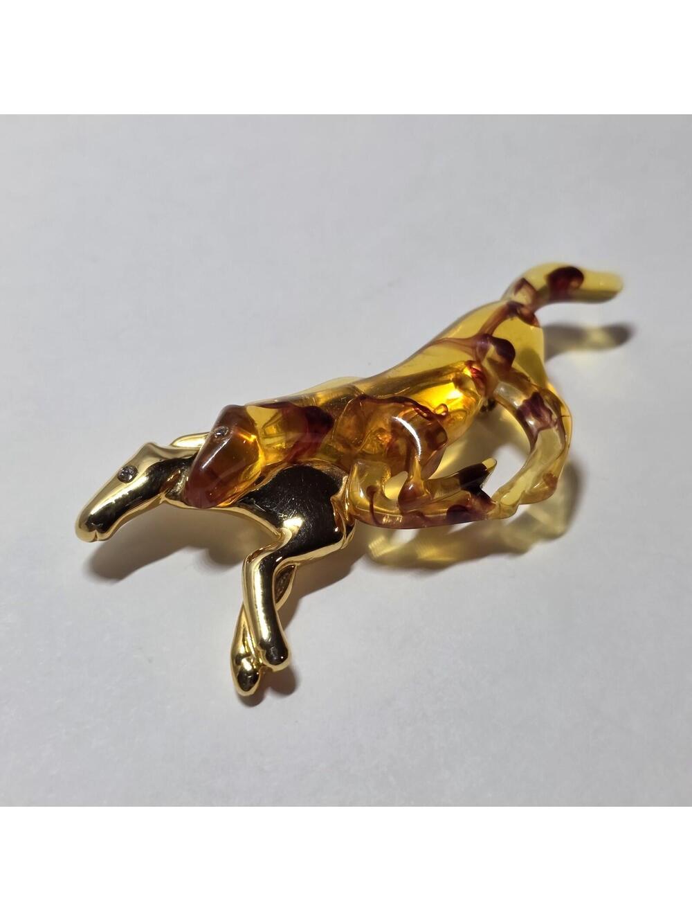 Vintage Gold Tone Faux Tortoiseshell Running Horse Dog Brooch Lapel EUC